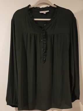 LOFT Dark Olive Ruffle Henley Button-Down Top